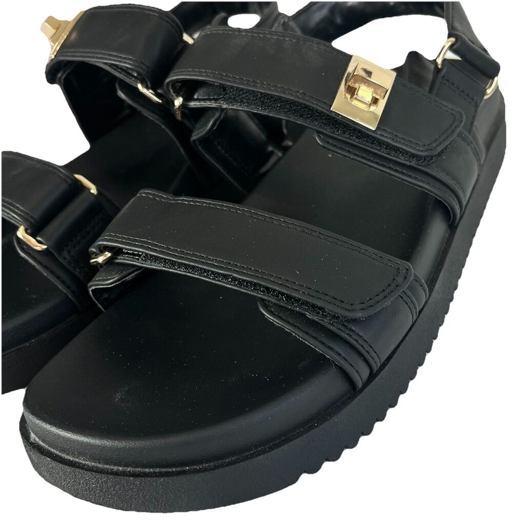 Women Black Platform Sandals Double Strap Gold Buckle Casual Comfort Size 81/2 - Picture 2 of 15